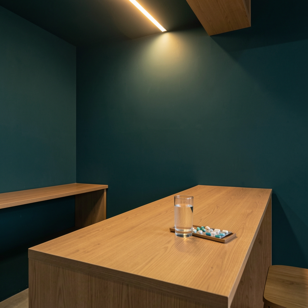 Wide-angle view of a minimalist supplement studio interior in Jakarta — dark teal walls, clean wooden surfaces, amber light from above, single glass of water and capsule tray on the counter