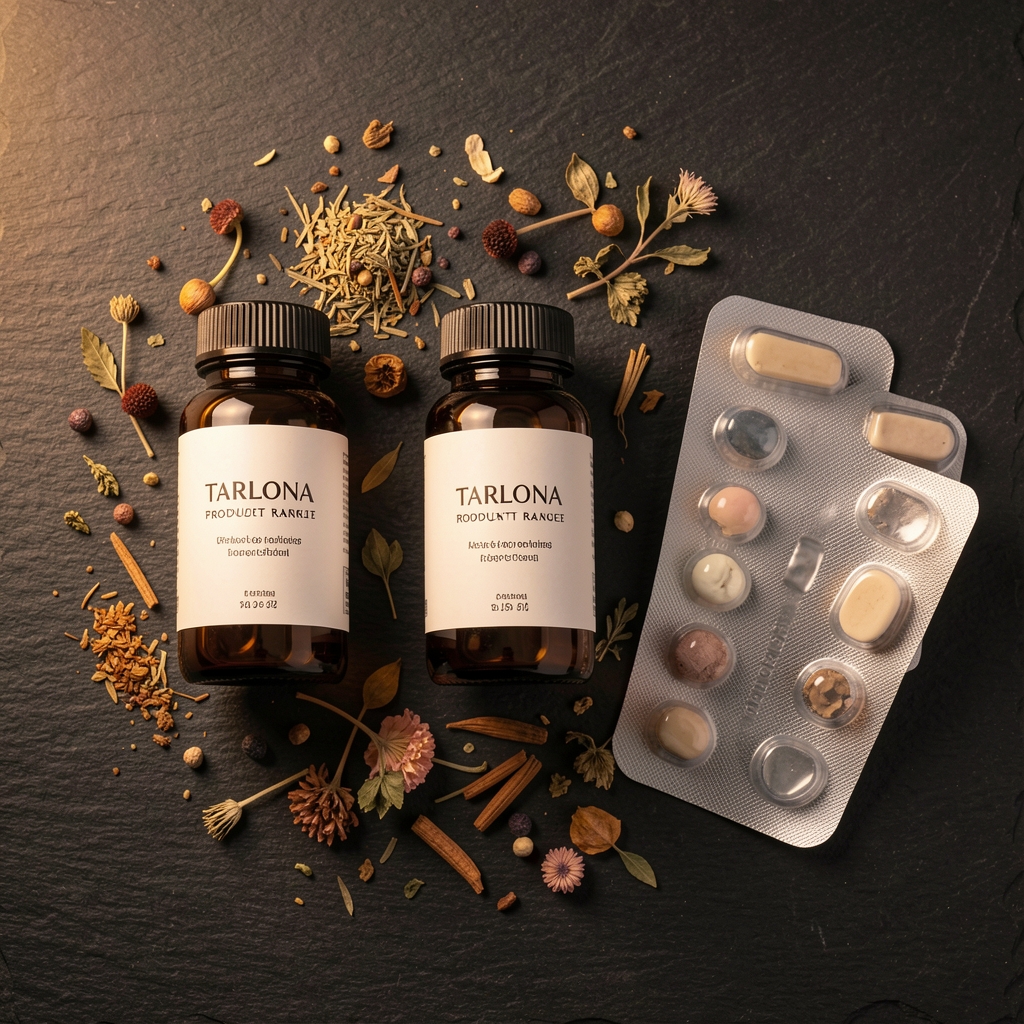 Ridanto product range flat-lay — three supplement bottles and a blister card arranged on a dark slate surface with dried botanical ingredients scattered between them under warm directional studio lighting