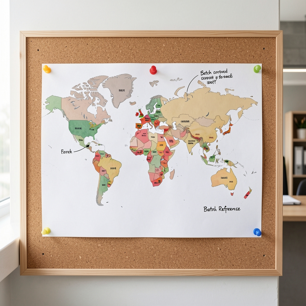 World origin map printed and pinned to a corkboard in the Ridanto Jakarta sourcing office — coloured supplier region markers visible, batch reference notes written in ink beside each location