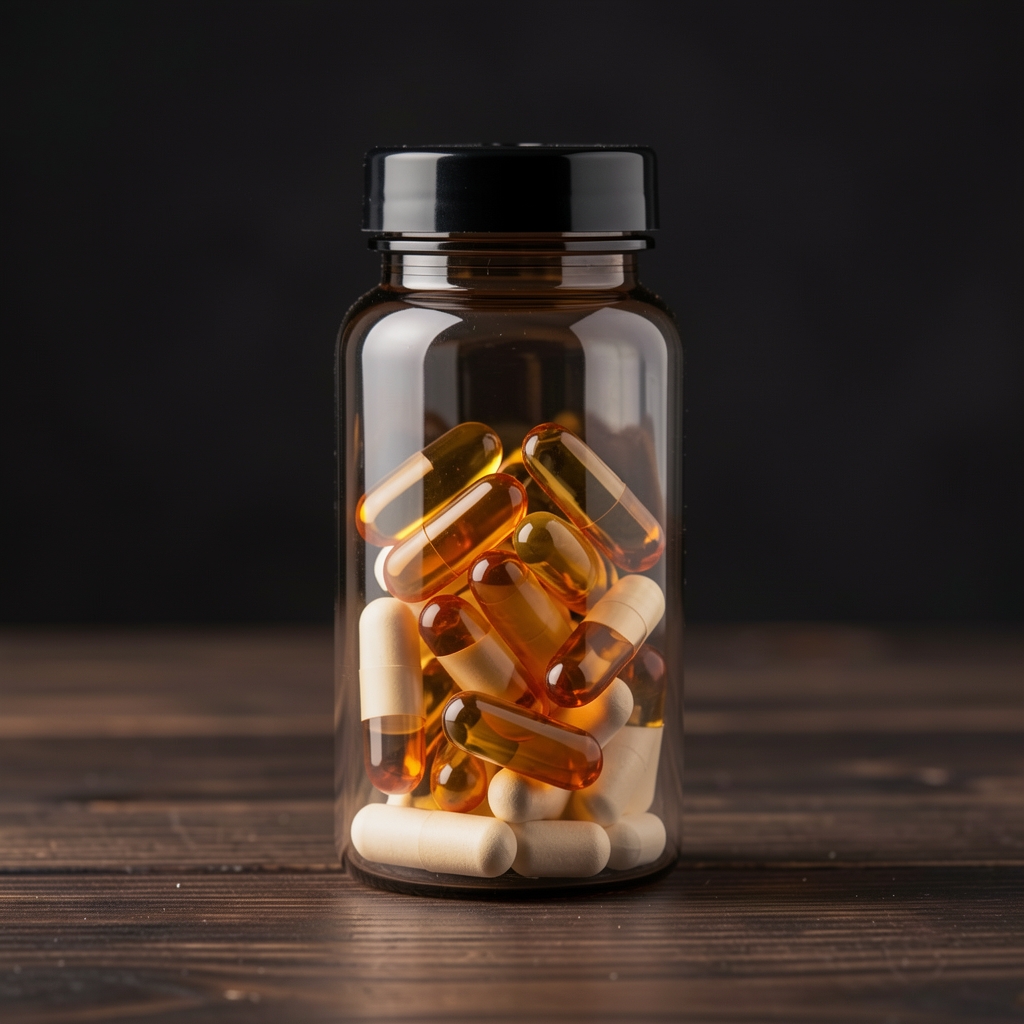Ridanto Core Formula bottle on a dark wooden surface — amber-toned supplement capsules visible through the semi-transparent container under controlled studio lighting
