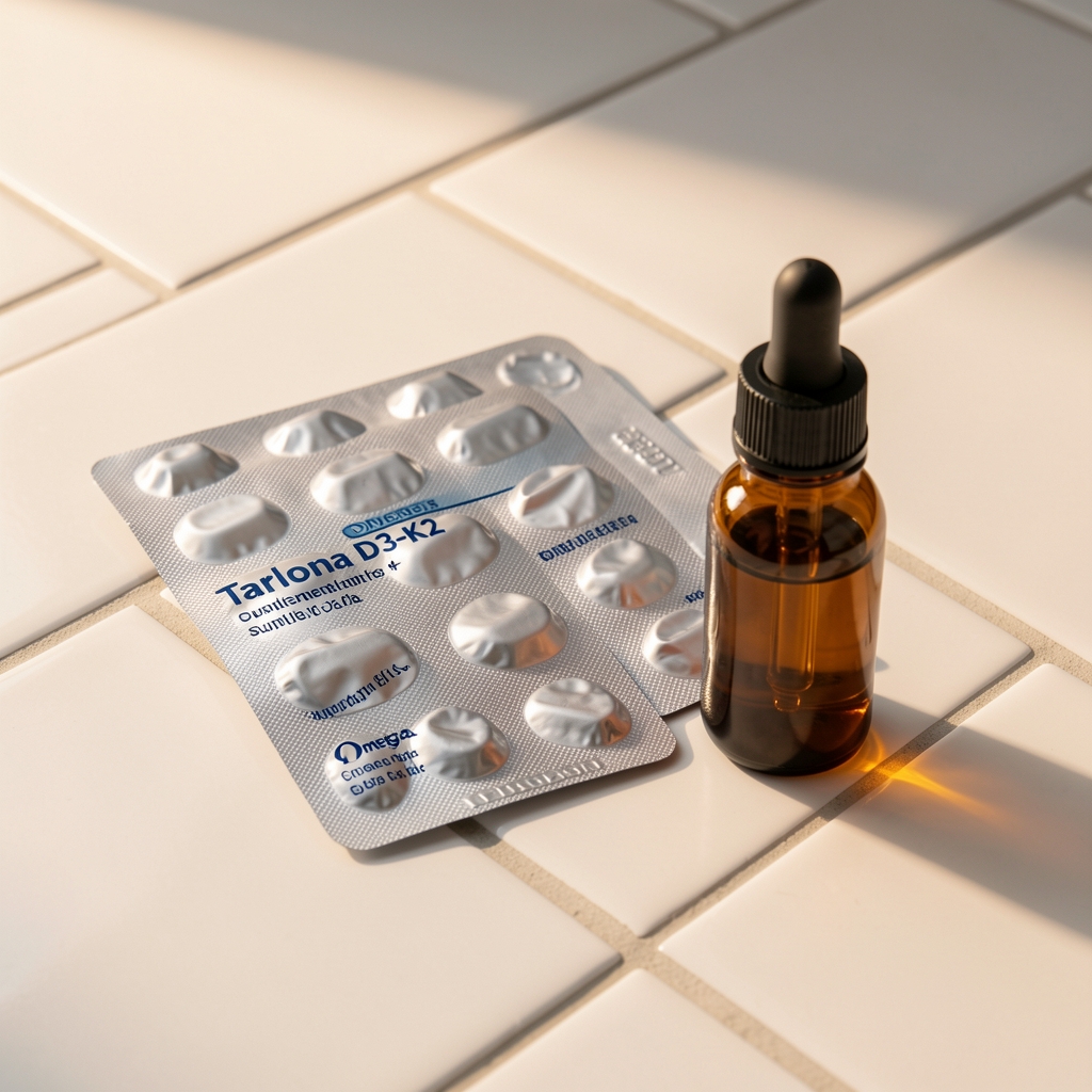 Ridanto D3-K2 + Omega supplement blister pack arranged beside a small amber glass dropper bottle on a white ceramic tile under warm directional lighting