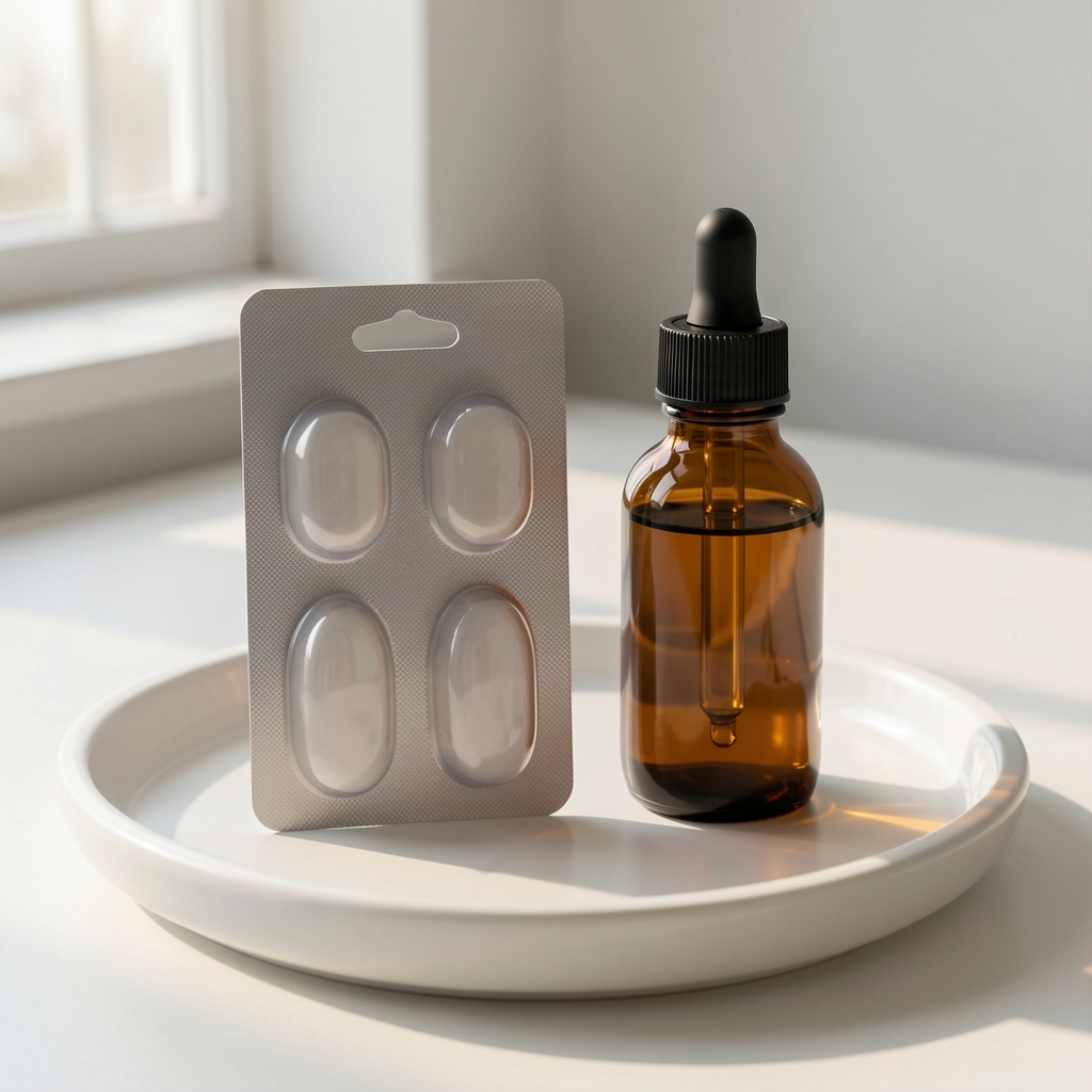 Ridanto D3-K2 Immune Foundation blister card and amber dropper bottle arranged side by side on a white ceramic tray — sunlight detail visible in background, clean minimalist composition