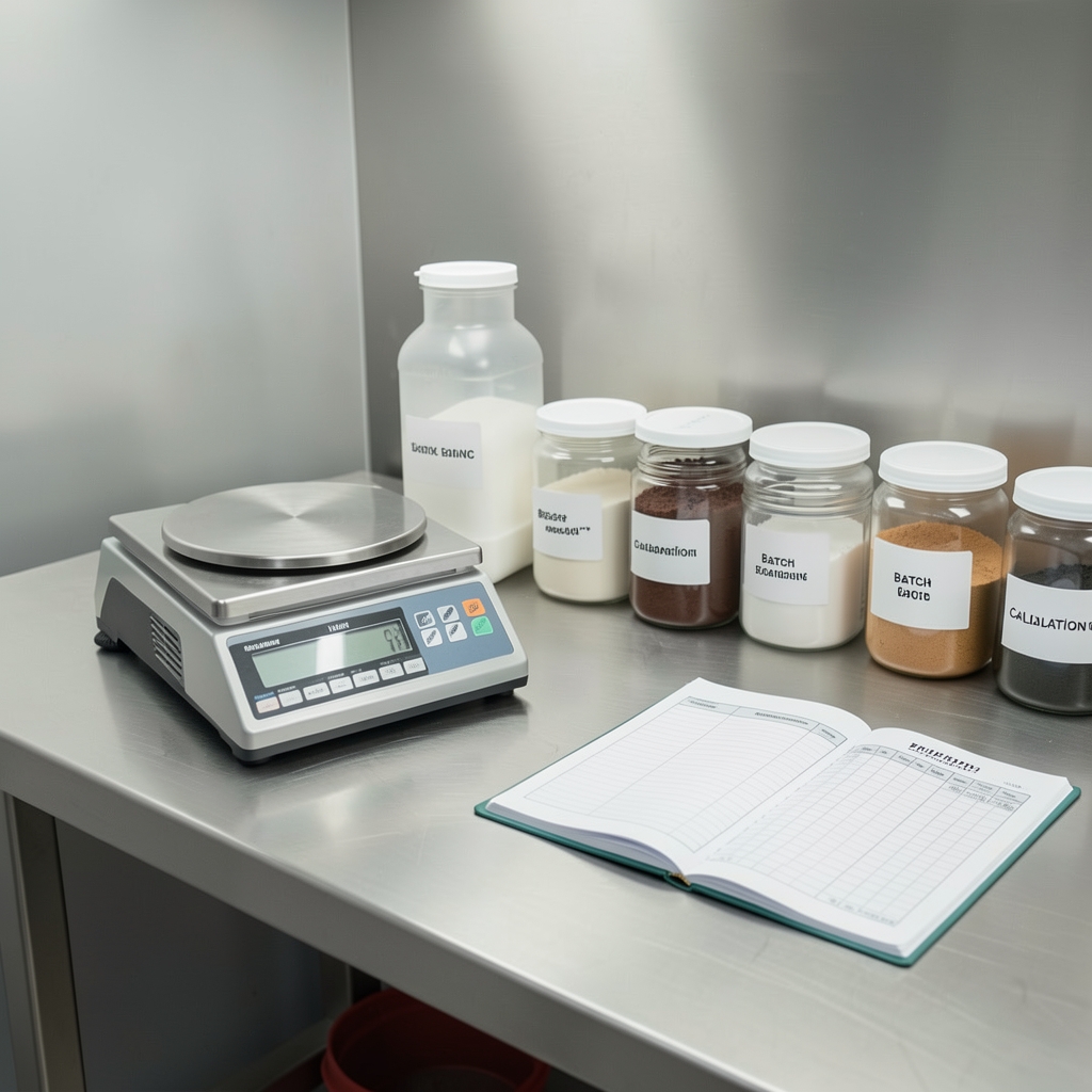 Clean stainless steel formulation bench inside the Ridanto Jakarta studio — precision scale, ingredient containers with batch labels, and a calibration log open on the surface under clean workspace lighting